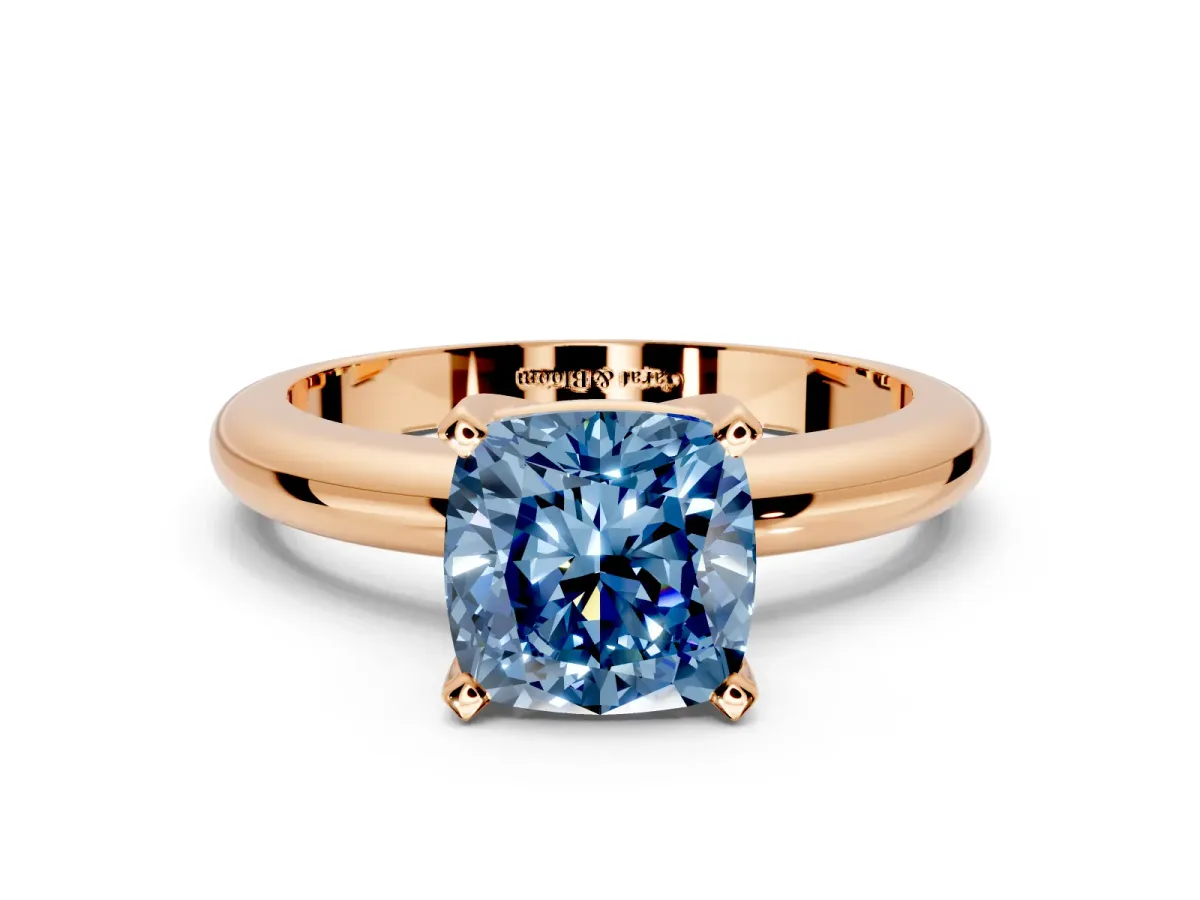 Solitaire Engagement Ring Setting for Fancy Blue Cushion Cut Center with Wire Band and Prong Head in Rose Gold