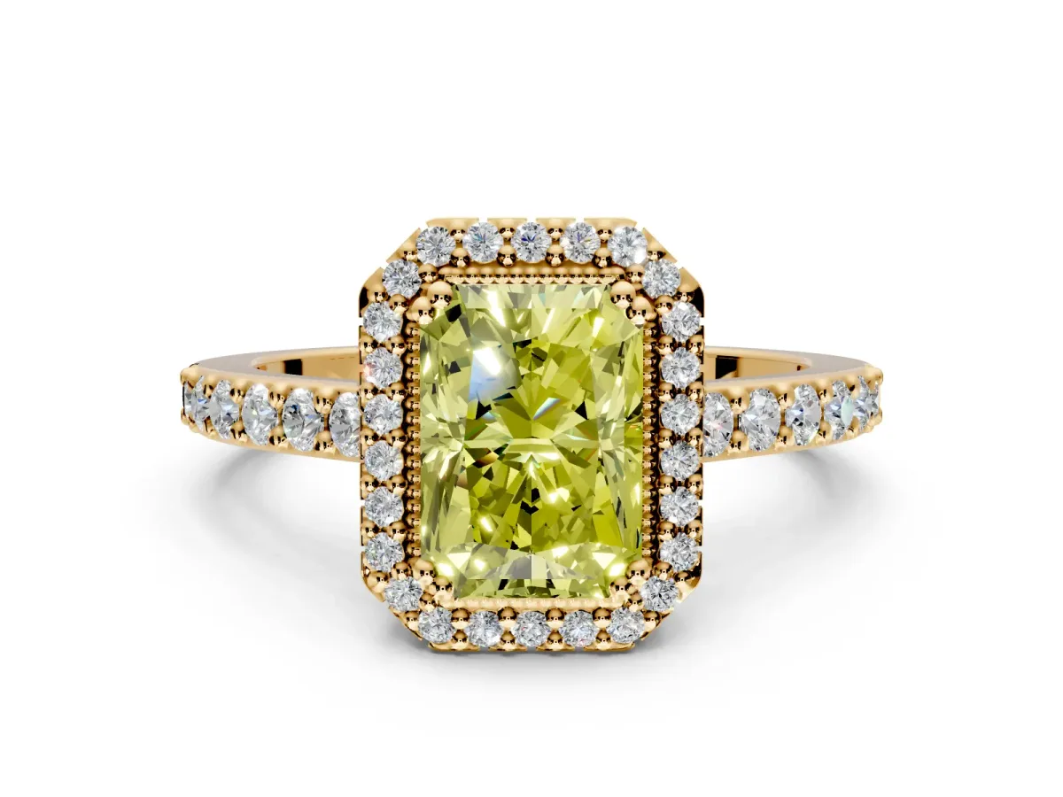 Halo Engagement Ring Setting for Fancy Yellow Radiant Cut Center with Inner Milgrain Border and Prong Head in Yellow Gold