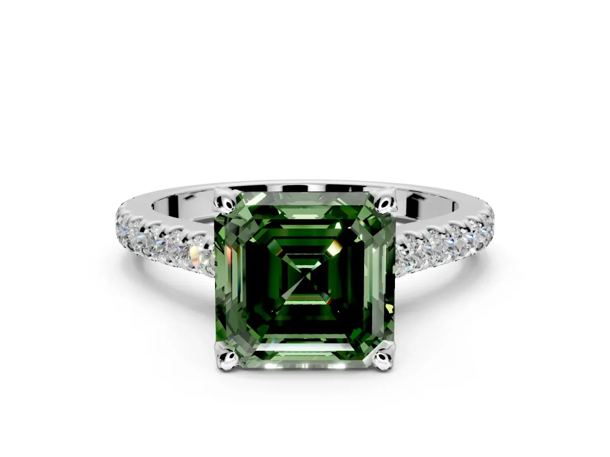 Solitaire Engagement Ring Setting for Fancy Green Asscher Cut Center with Widening Pave Band and Claw Prong Head in Sterling Silver