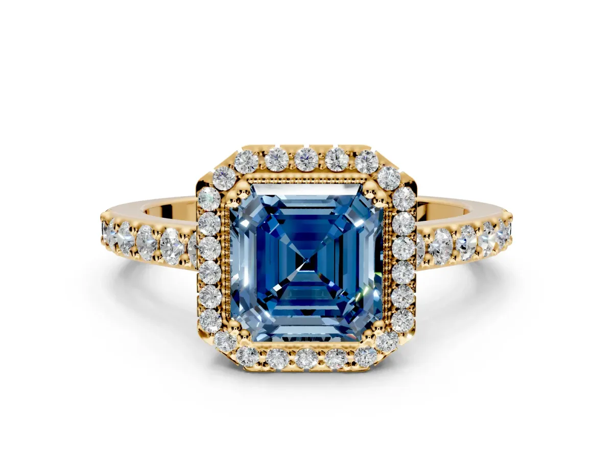 Halo Engagement Ring Setting for Fancy Blue Asscher Cut Center with Inner Milgrain Border and Prong Head in Yellow Gold