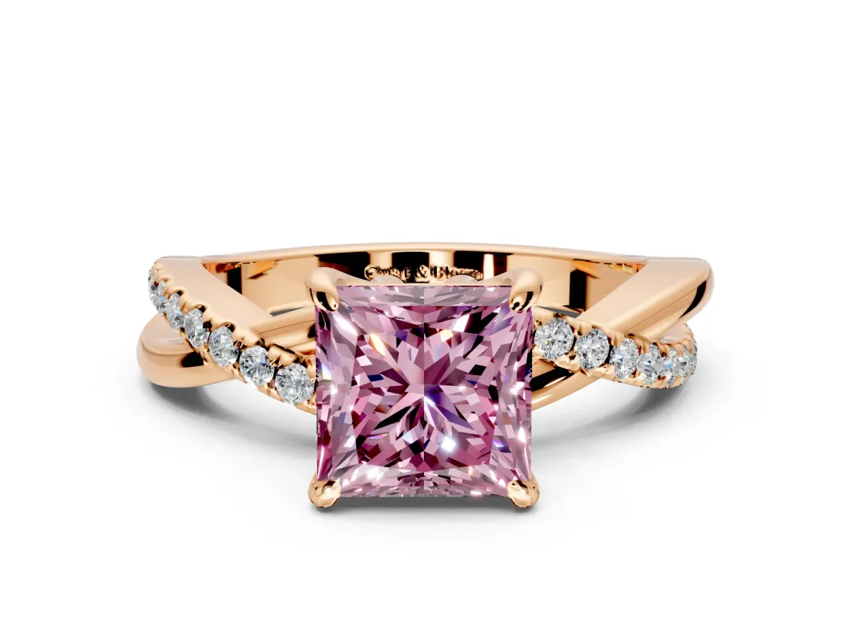 Solitaire Engagement Ring Setting for Fancy Pink Princess Cut Center with Half-Pave Crossover Band and Prong Head in Rose Gold