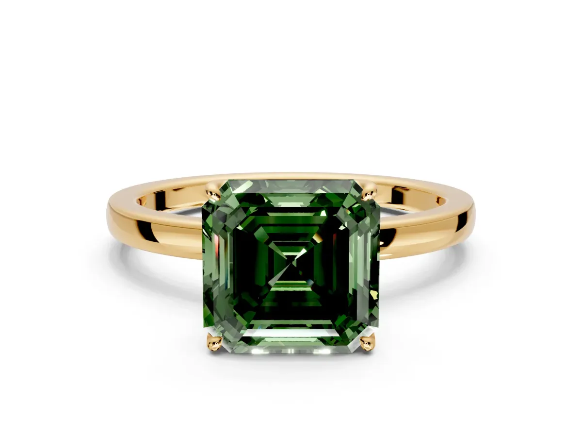 Solitaire Engagement Ring Setting for Fancy Green Asscher Cut Center with Thin Rounded Plain Band and Prong Head in Yellow Gold