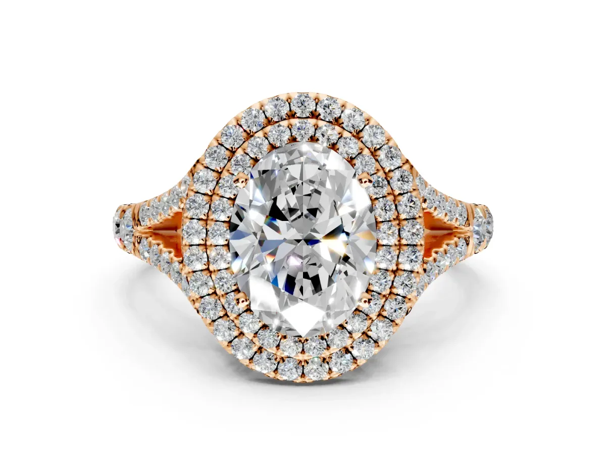 Double Halo Engagement Ring Setting for Oval Center with Narrow Pave Split Shank and Prong Head in Rose Gold