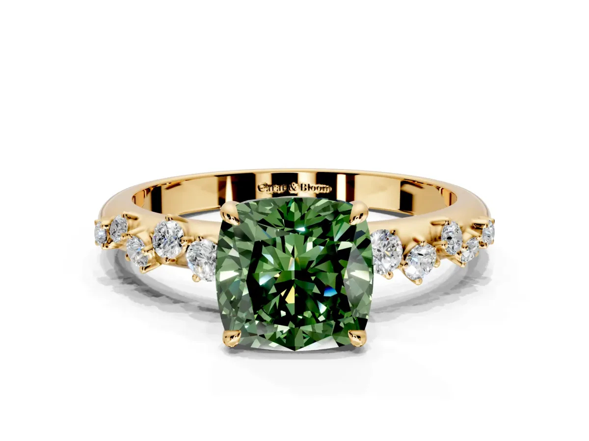 Cluster Engagement Ring Setting for Fancy Green Cushion Cut Center with Round Cut Accent Band and Prong Head in Yellow Gold
