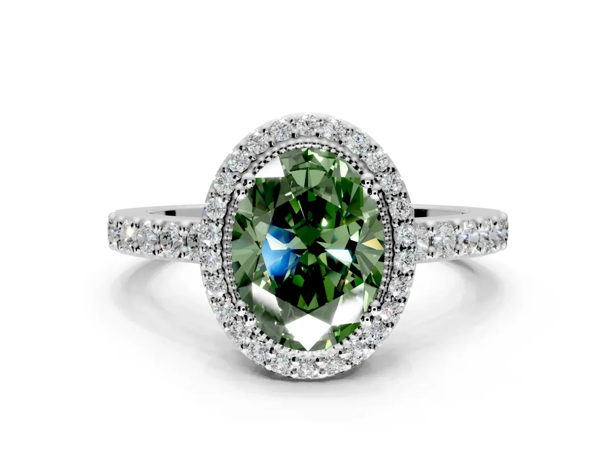 Halo Engagement Ring Setting for Fancy Green Oval Center with Inner Milgrain Border and Prong Head in Platinum