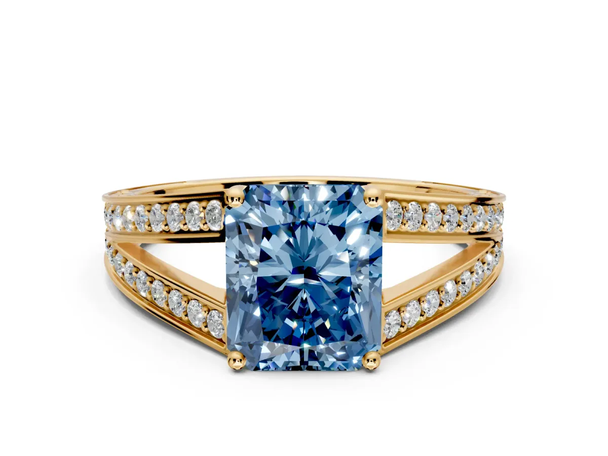 Split Shank Engagement Ring Setting for Fancy Blue Radiant Cut Center with Pave Split Shank and Prong Head in Yellow Gold