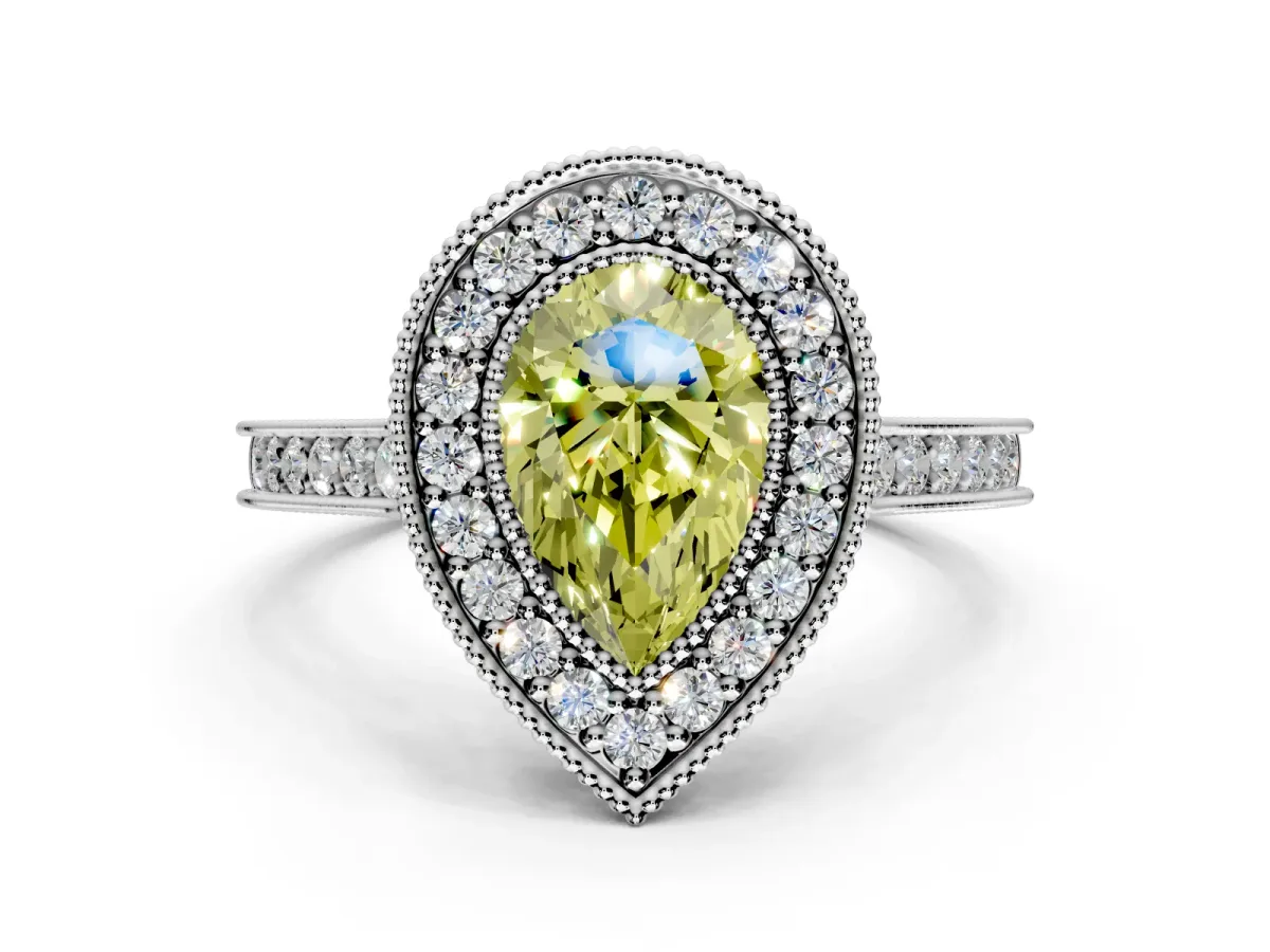 Halo Engagement Ring Setting for Fancy Yellow Pear-Shaped Center with Milgrain Pave Band and Bezel Head in Sterling Silver