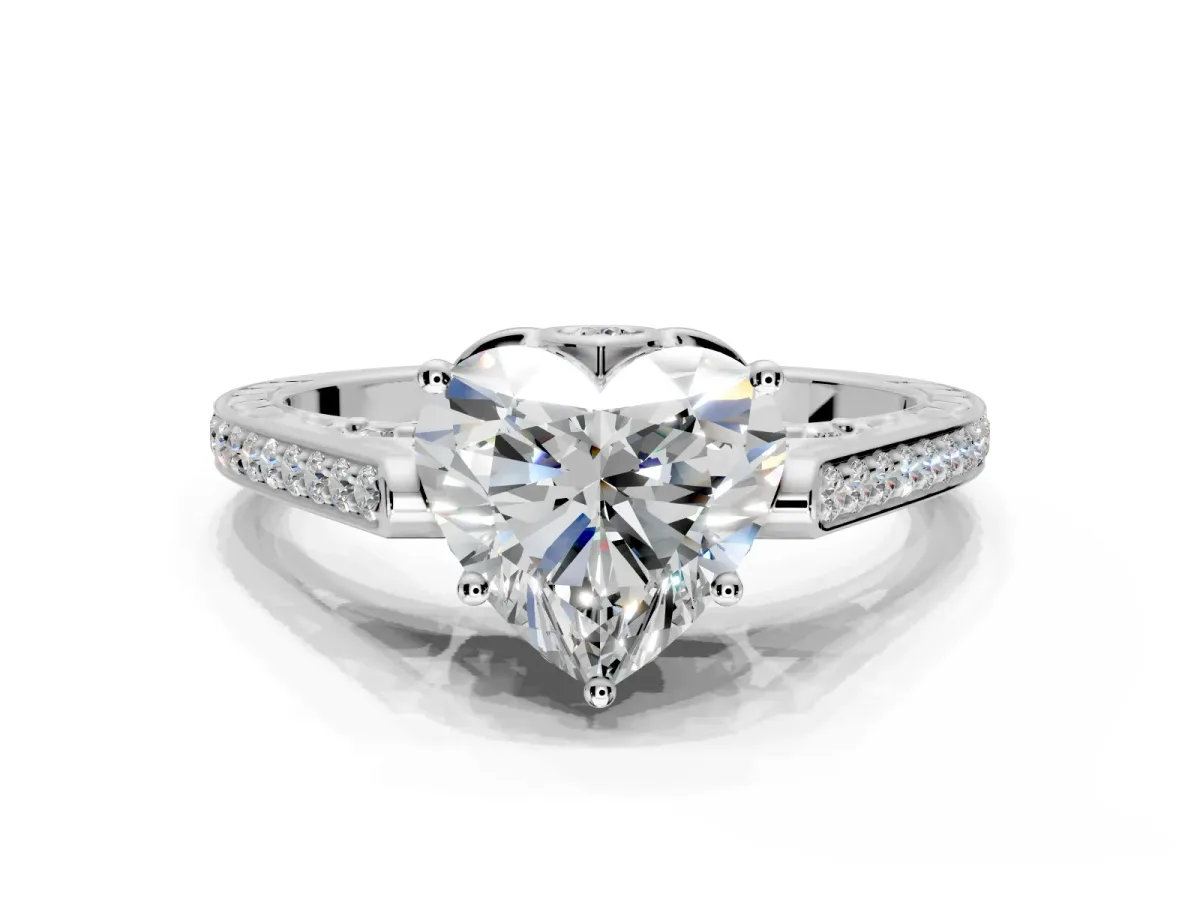 Cathedral Engagement Ring Setting for Heart-Shaped Center with Antique-Style Pave Band and Prong Head in Sterling Silver