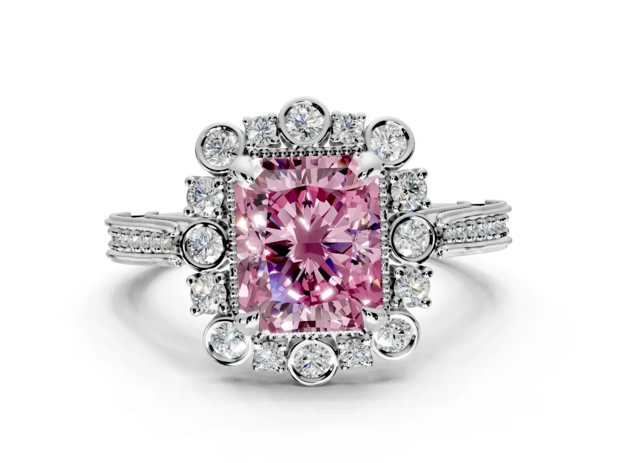 Milgrain Halo Engagement Ring Setting for Fancy Pink Radiant Cut Center with Bezel Point Accents and Prong Head in White Gold