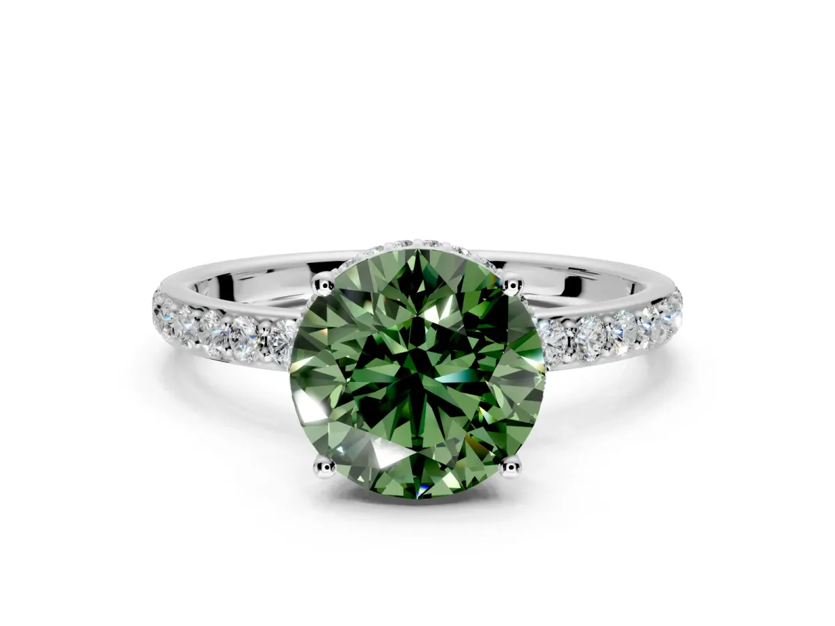 Hidden Halo Engagement Ring Setting for Fancy Green Round Cut Center with Pave Band and Prong Head in White Gold