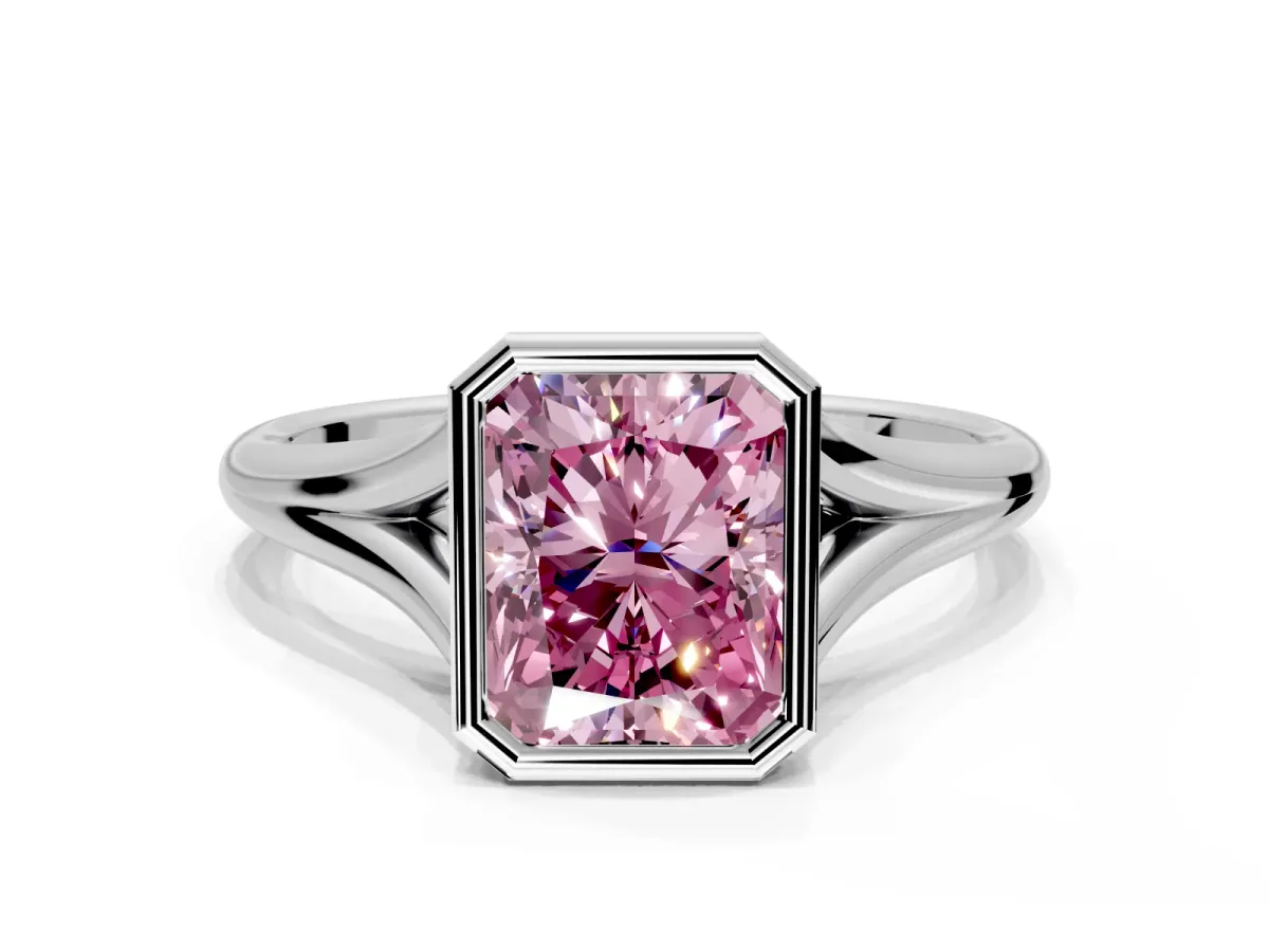 Solitaire Engagement Ring Setting for Fancy Pink Radiant Cut Center with V Split Shank and Bezel Head in Sterling Silver