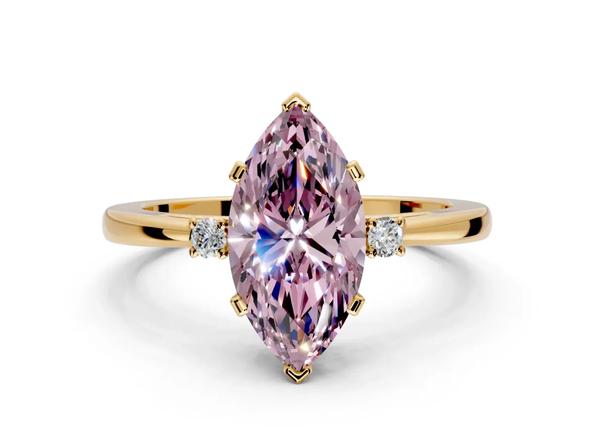 3 Stone Engagement Ring Setting for Fancy Pink Marquise Center with Low-Set Round Cut Accents and Prong Head in Yellow Gold