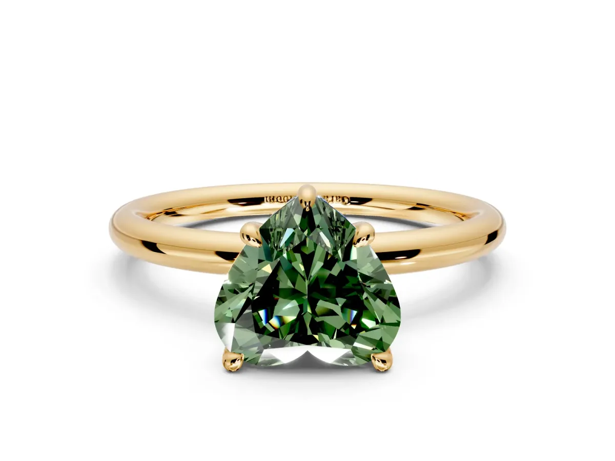 Hidden Halo Engagement Ring Setting for Fancy Green Heart-Shaped Center with Thin Rounded Band and Prong Head in Yellow Gold