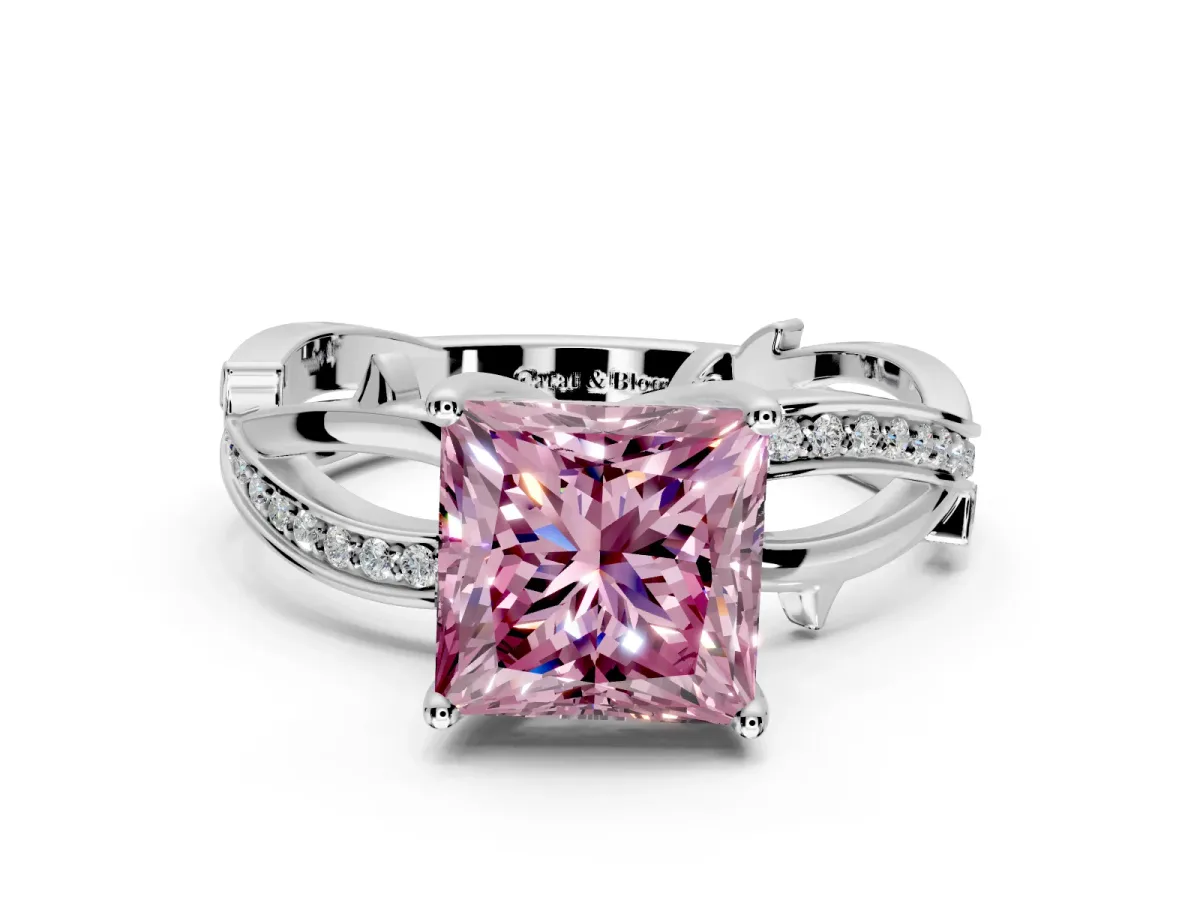 Solitaire Engagement Ring Setting for Fancy Pink Princess Cut Center with Pave and Plain Crossover Band and Prong Head in Sterling Silver