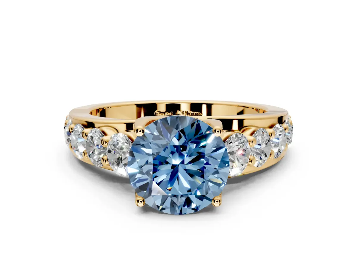Solitaire Engagement Ring Setting for Fancy Blue Round Cut Center with Graduated Shared Prongs and Prong Head in Yellow Gold