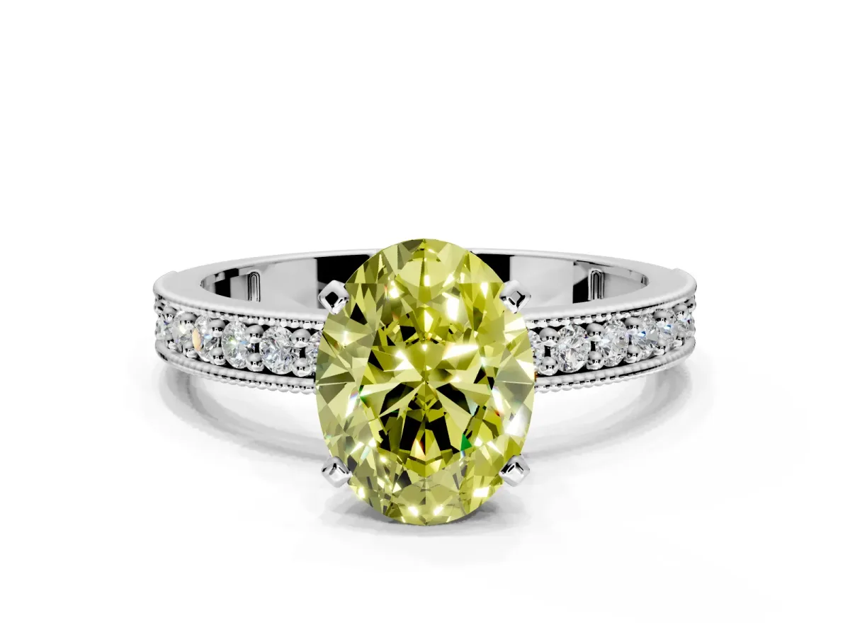 Milgrain Pave Engagement Ring Setting for Fancy Yellow Oval Center with Accent Band and Prong Head in Sterling Silver