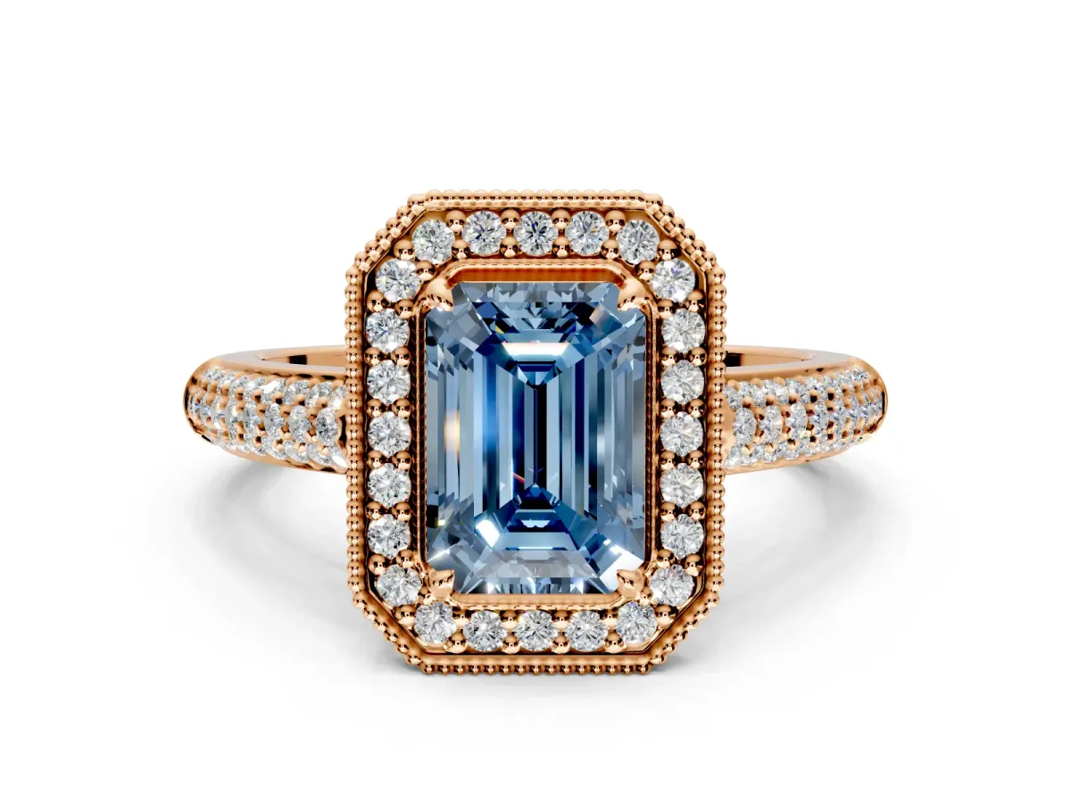 Milgrain Halo Engagement Ring Setting for Fancy Blue Emerald Cut Center with Three-Sided Pave Band and Prong Head in Rose Gold
