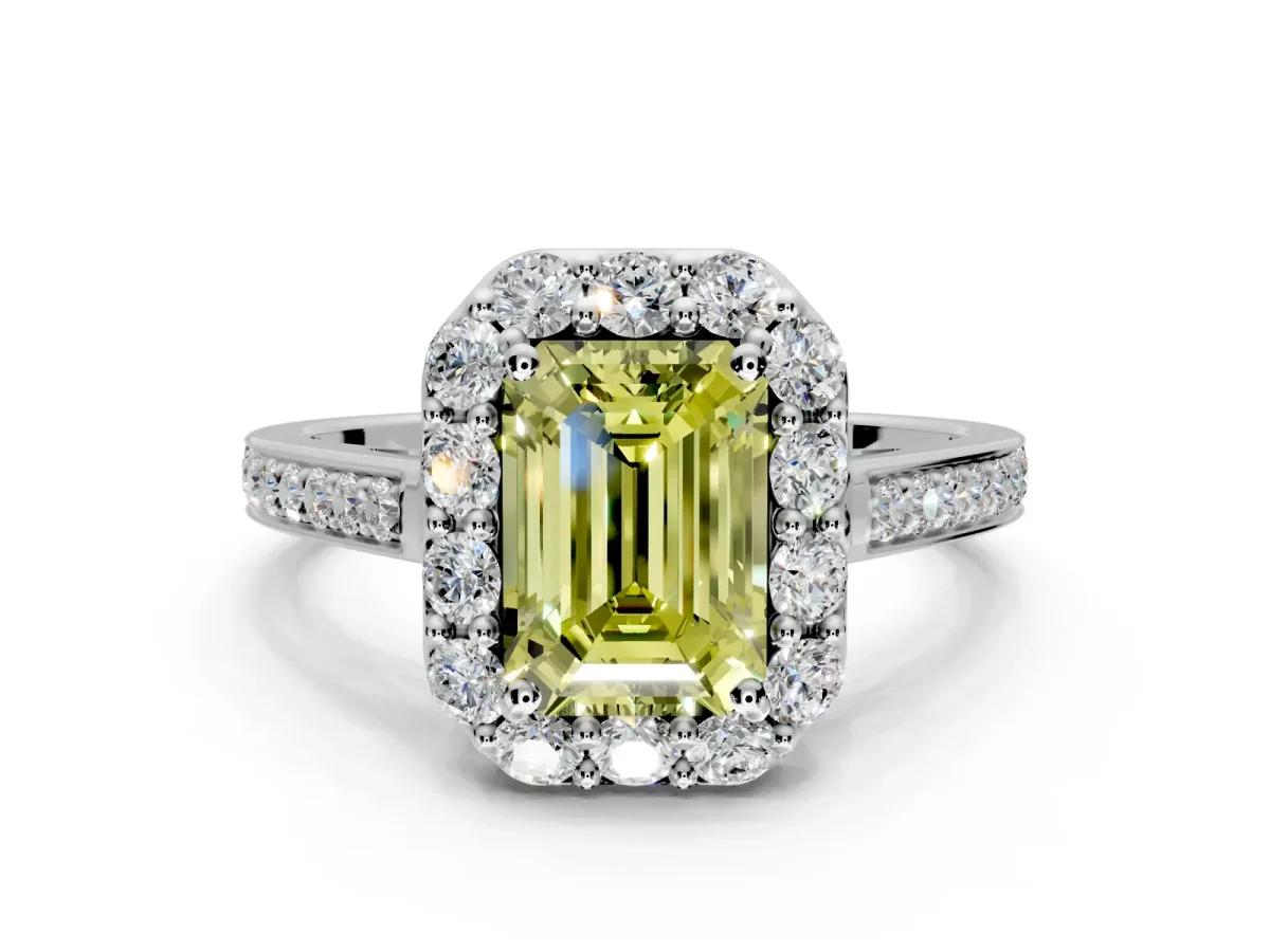 Floral Halo Engagement Ring Setting for Fancy Yellow Emerald Cut Center with Large Halo Accents and Prong Head in Platinum