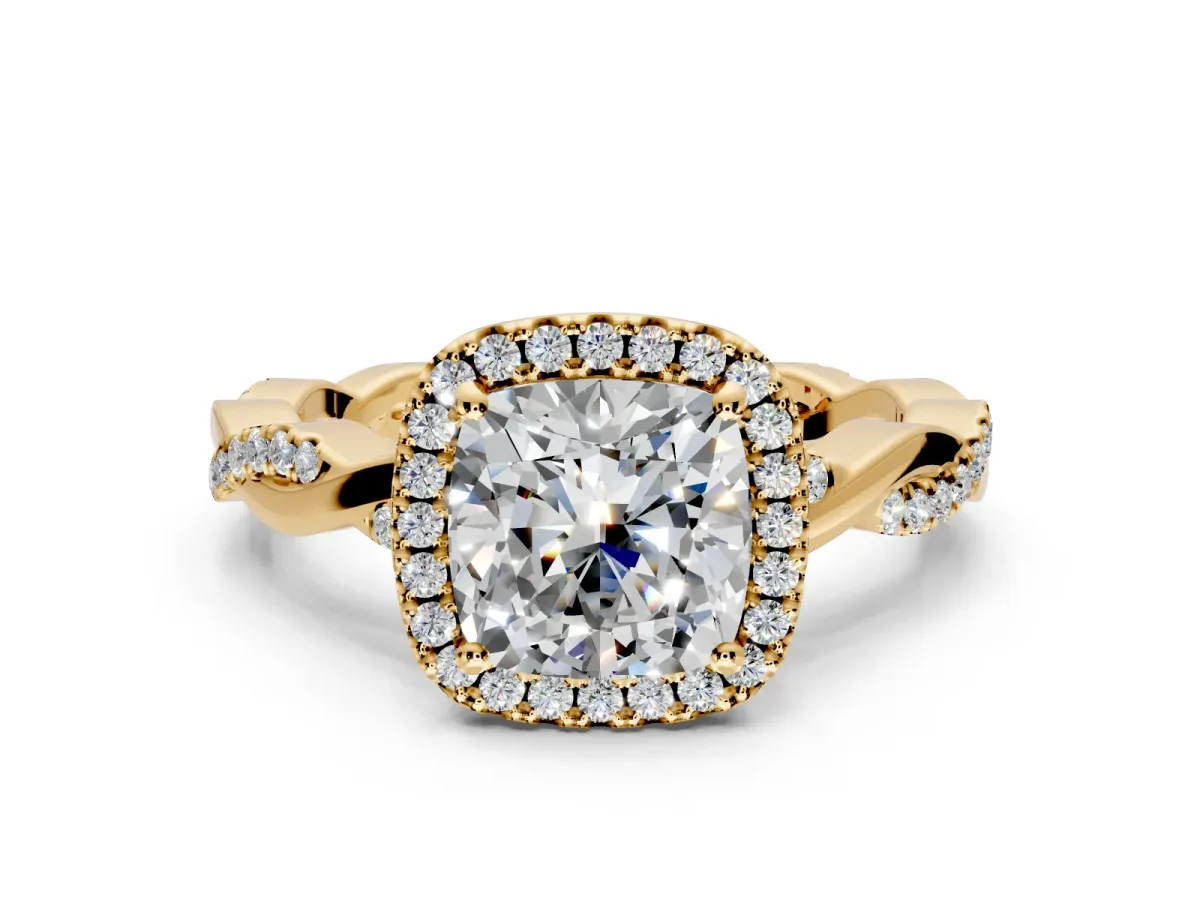 Halo Engagement Ring Setting for Cushion Cut Center with Pave and Plain Twist Band and Prong Head in Yellow Gold