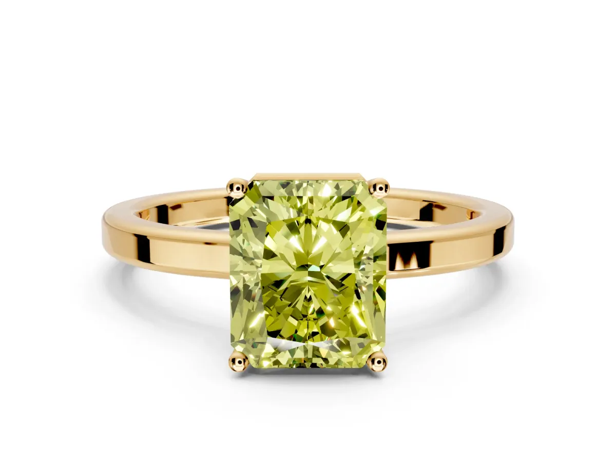 Hidden Halo Engagement Ring Setting for Fancy Yellow Radiant Cut Center with Wide Flat Plain Band and Prong Head in Yellow Gold