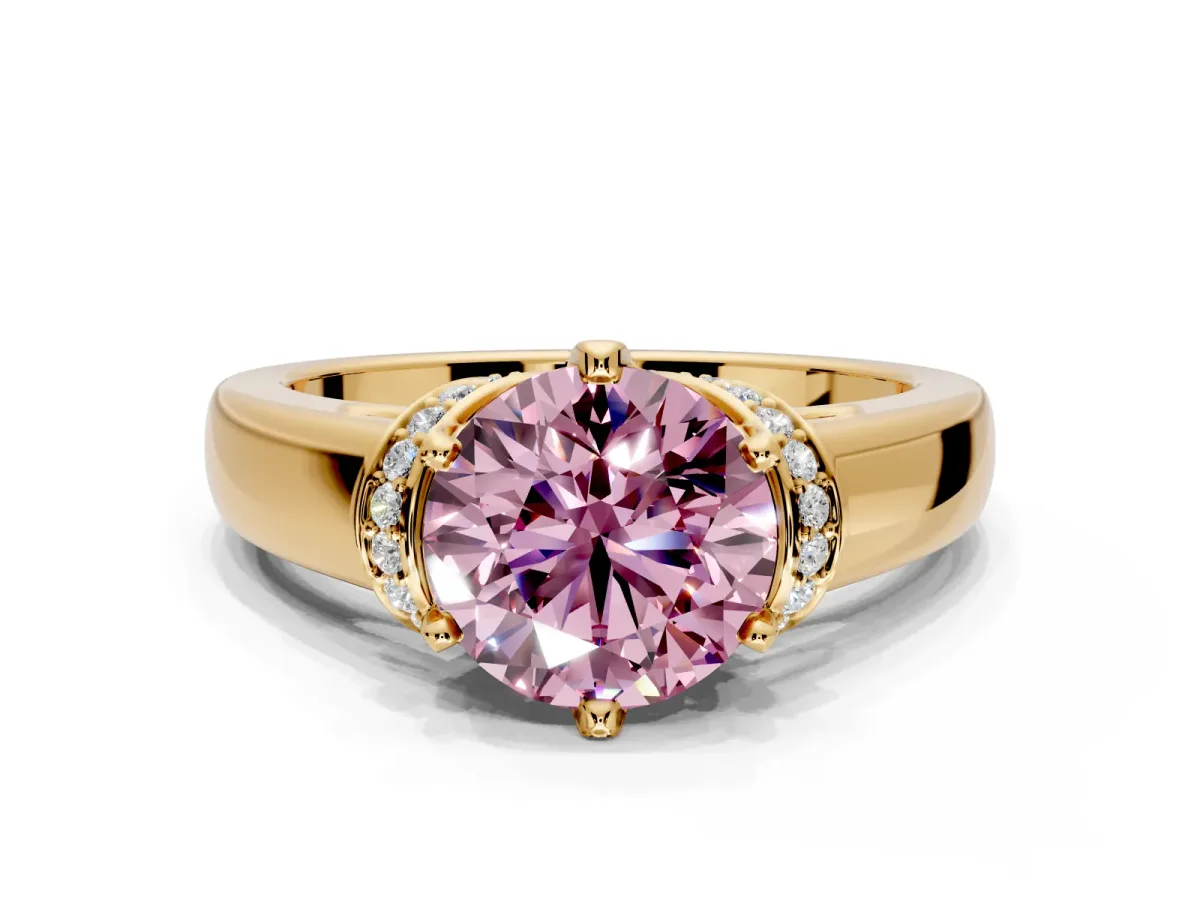 Solitaire Engagement Ring Setting for Fancy Pink Round Cut Center with Wide Band, Pave Collar and Prong Head in Yellow Gold