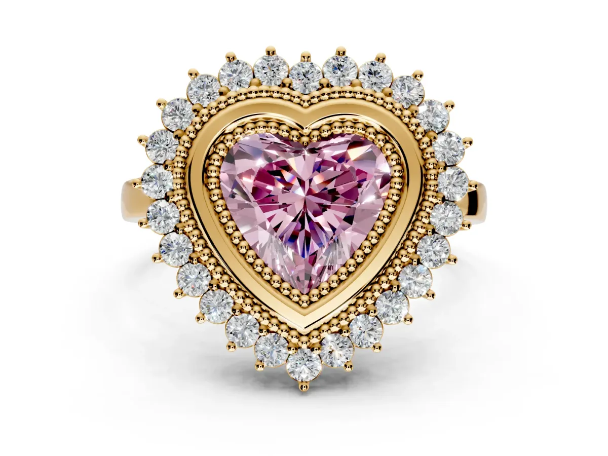 Halo Engagement Ring Setting for Fancy Pink Heart-Shaped Center with Milgrain Bezel Rim, Plain Band and Prong Head in Yellow Gold