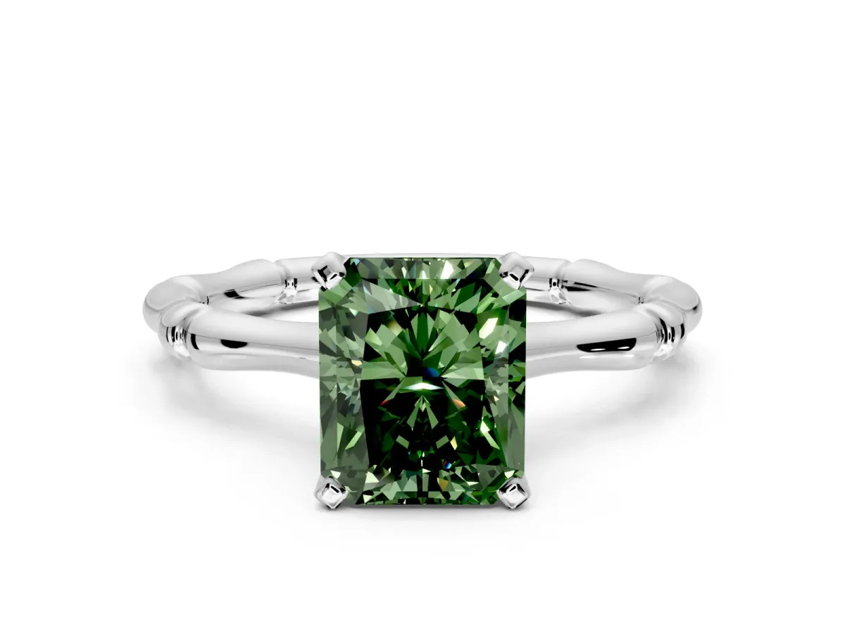 Solitaire Engagement Ring Setting for Fancy Green Radiant Cut Center with Bamboo Band and Prong Head in Platinum