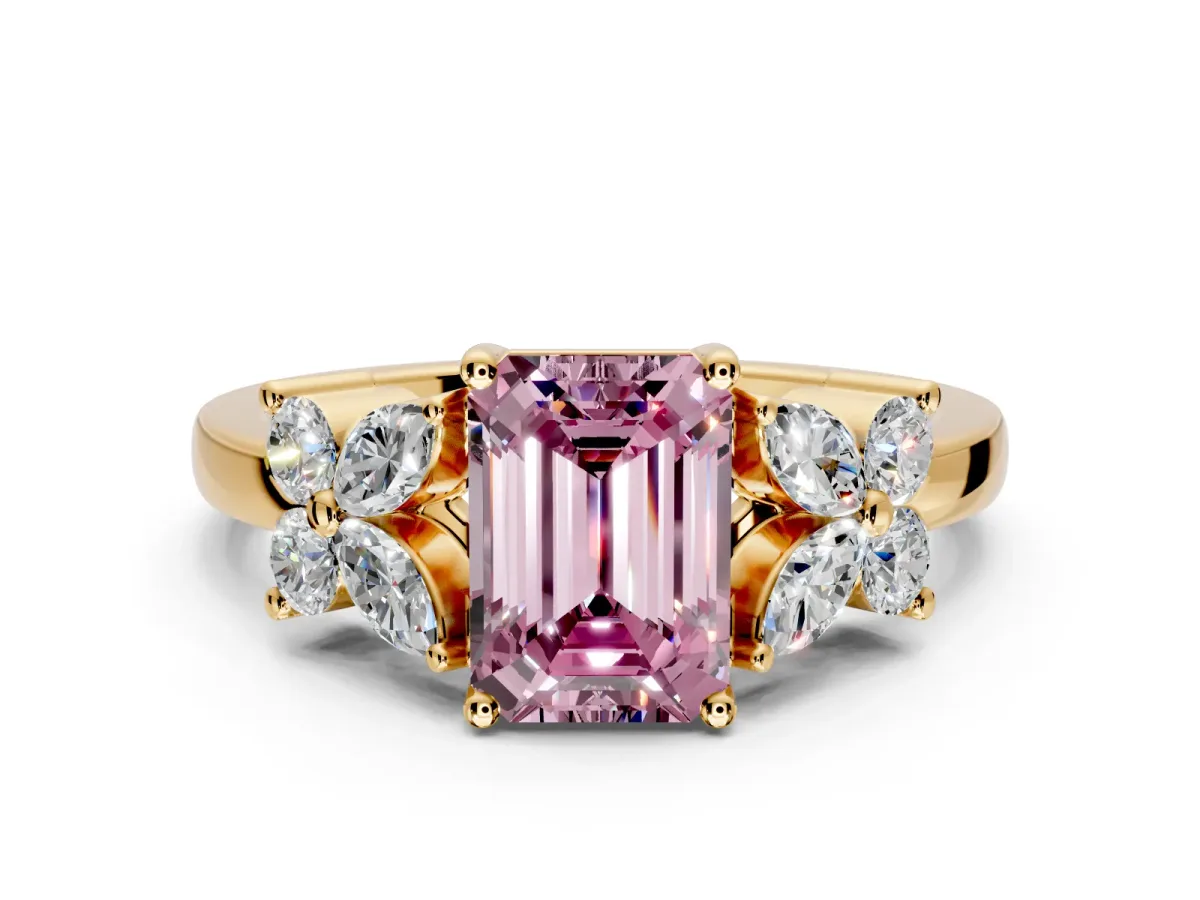 Floral Engagement Ring Setting for Fancy Pink Emerald Cut Center with Marquise Cluster Shoulders and Prong Head in Yellow Gold