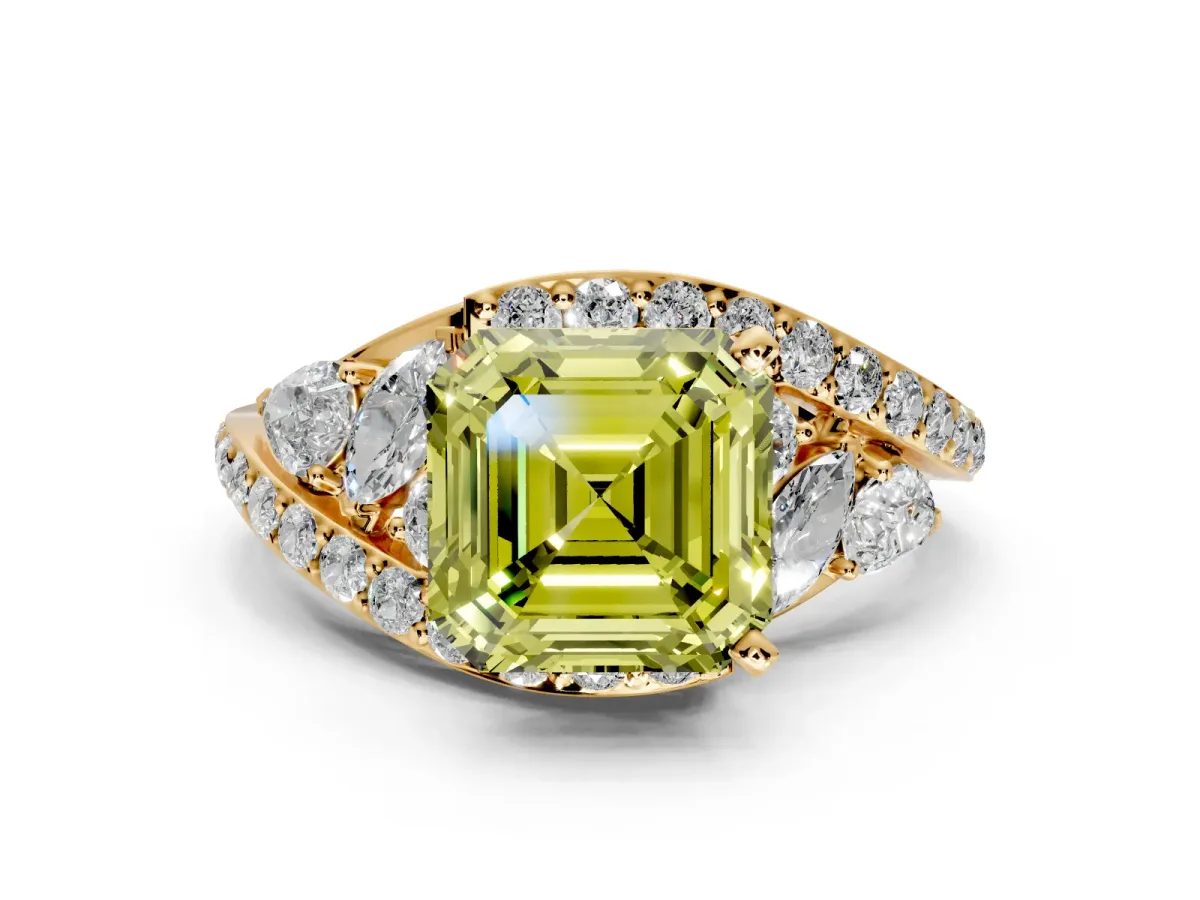 Halo Engagement Ring Setting for Fancy Yellow Asscher Cut Center with Marquise and Pave Bypass Band and Prong Head in Yellow Gold