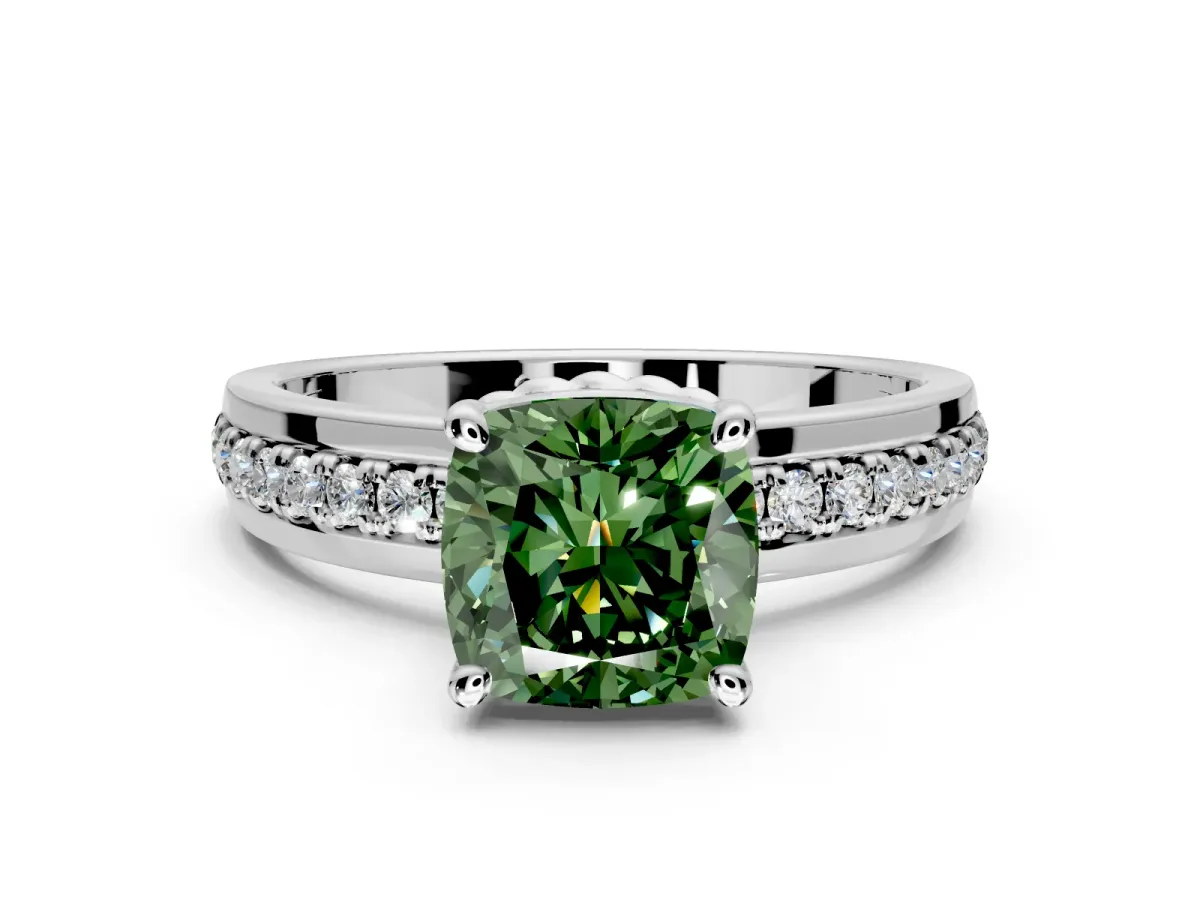 Solitaire Engagement Ring Setting for Fancy Green Cushion Cut Center with Raised Channel Band and Prong Head in Platinum