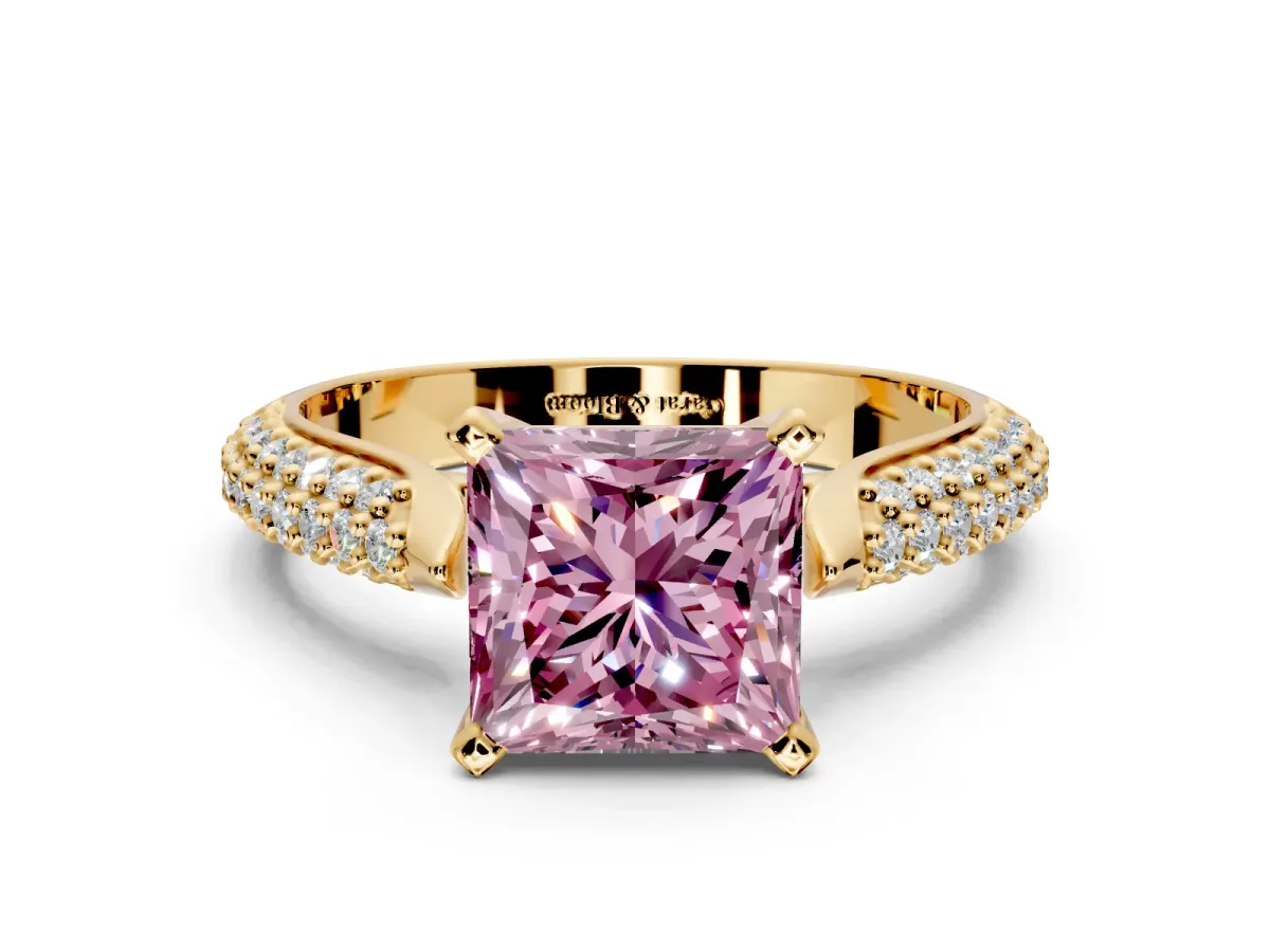 Solitaire Engagement Ring Setting for Fancy Pink Princess Cut Center with Multi-Row Accents and Prong Head in Yellow Gold