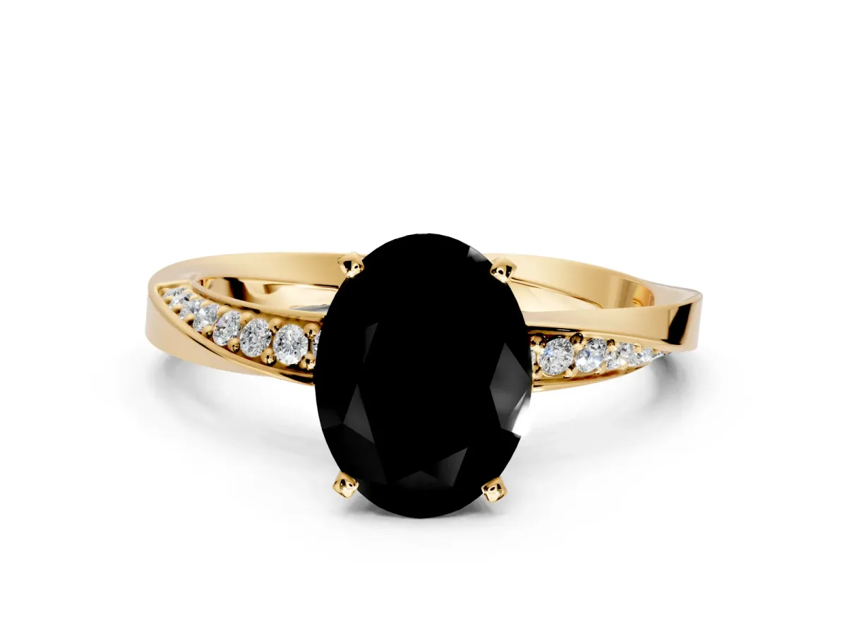 Side Accent Engagement Ring Setting for Fancy Black Oval Center with Accent Shoulders and Prong Head in Yellow Gold