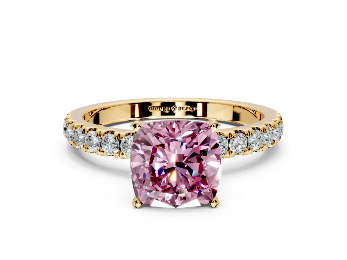 Open Basket Engagement Ring Setting for Fancy Pink Cushion Cut Center with Pave Band and Prong Head in Yellow Gold