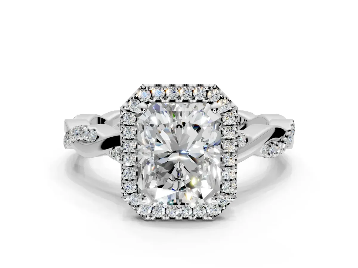 Halo Engagement Ring Setting for Radiant Cut Center with Pave and Plain Twist Band and Prong Head in Platinum