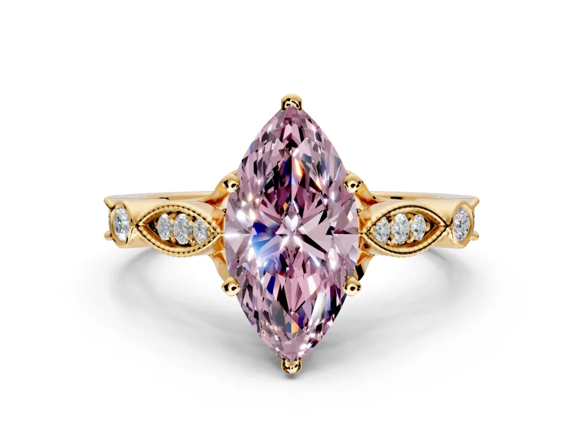 Solitaire Engagement Ring Setting for Fancy Pink Marquise Center with Marquise and Bezel Accents and Prong Head in Yellow Gold