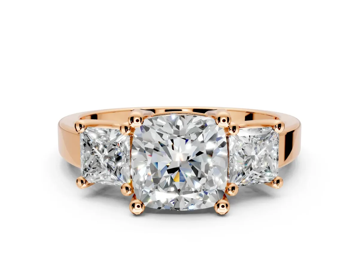 3 Stone Engagement Ring Setting for Cushion Cut Center with Matching Side Accents and Prong Head in Rose Gold