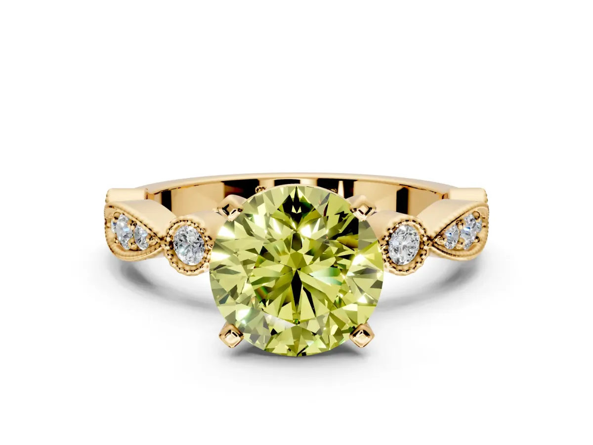 Solitaire Engagement Ring Setting for Fancy Yellow Round Cut Center with Milgrain Bezel Accents and Prong Head in Yellow Gold