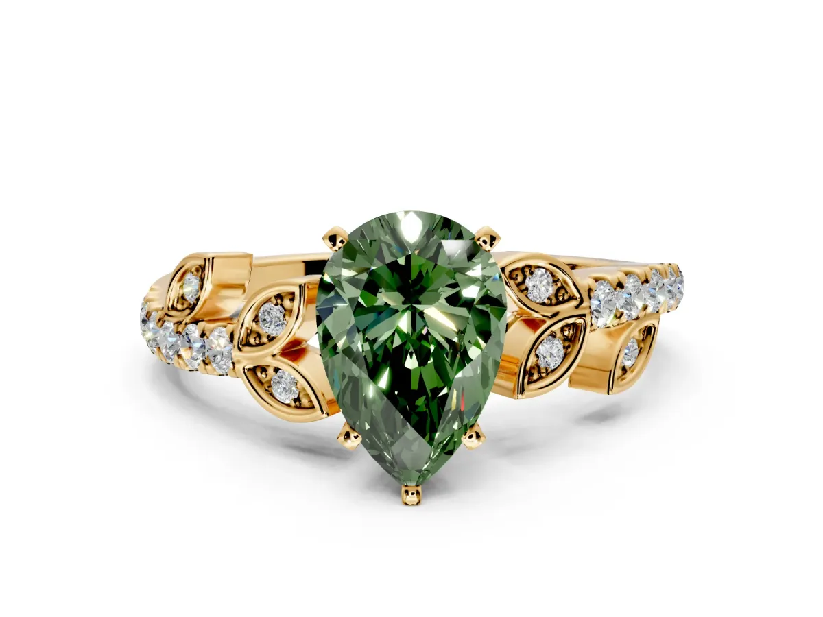 Leaf Motif Engagement Ring Setting for Fancy Green Pear-Shaped Center with Pave Band and Prong Head in Yellow Gold