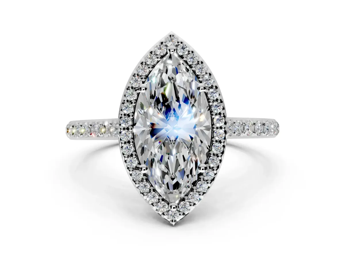 Halo Engagement Ring Setting for Marquise Center with Pave Accents, Heart Basket and Prong Head in White Gold