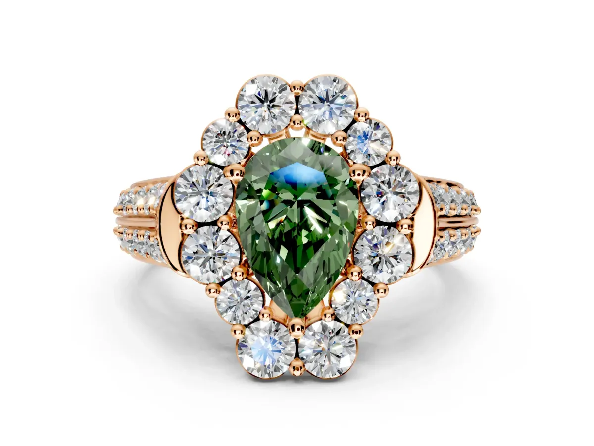 Large Accent Halo Engagement Ring Setting for Fancy Green Pear-Shaped Center with Pave Split Shank and Prong Head in Rose Gold