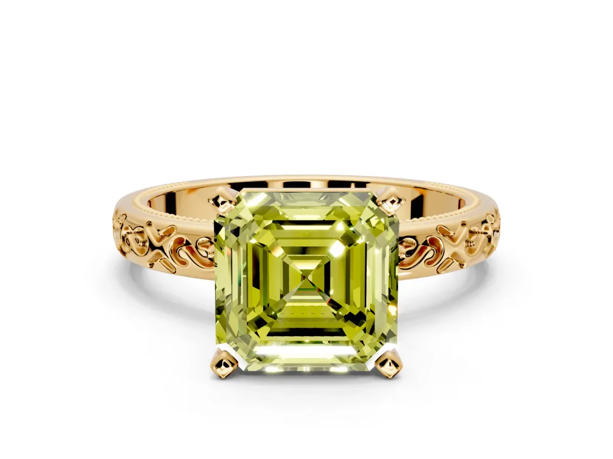 Solitaire Engagement Ring Setting for Fancy Yellow Asscher Cut Center with Scrollwork Band and Prong Head in Yellow Gold