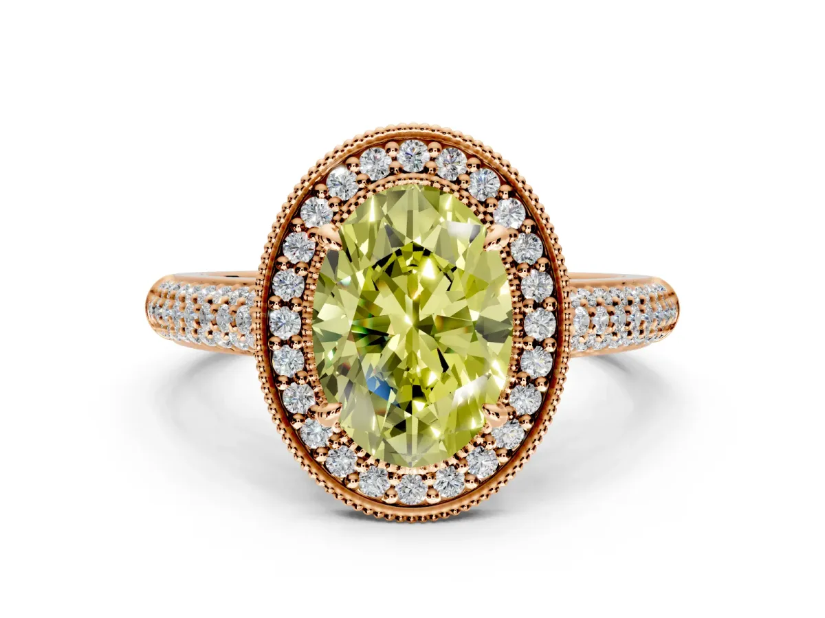 Milgrain Halo Engagement Ring Setting for Fancy Yellow Oval Center with Three-Sided Pave Band and Prong Head in Rose Gold