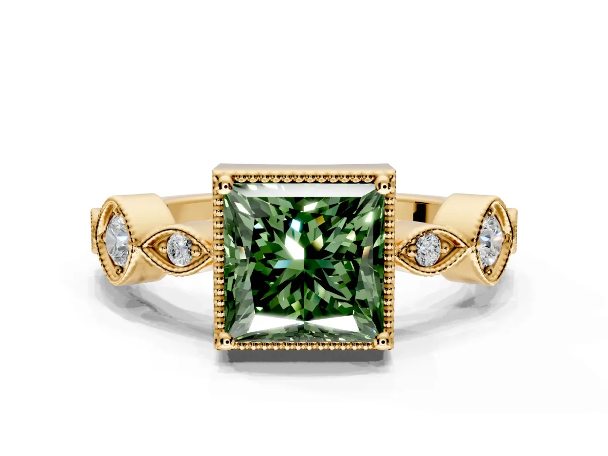 Vintage Station Engagement Ring Setting for Fancy Green Princess Cut Center with Accents and Prong Head in Yellow Gold