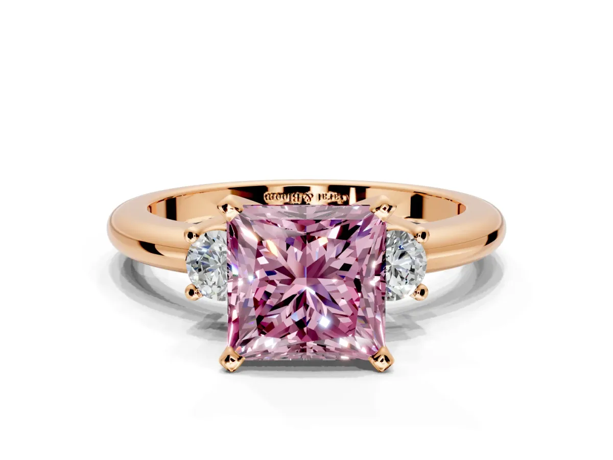 3 Stone Engagement Ring Setting for Fancy Pink Princess Cut Center with Wide Plain Band and Prong Head in Rose Gold