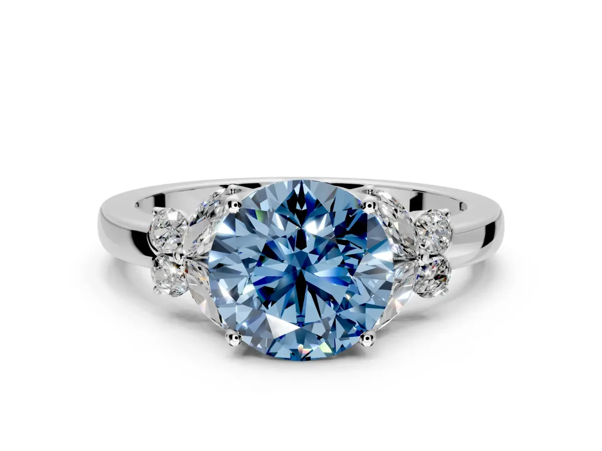 Solitaire Engagement Ring Setting for Fancy Blue Round Cut Center with Marquise Flower Shoulders and Prong Head in Platinum