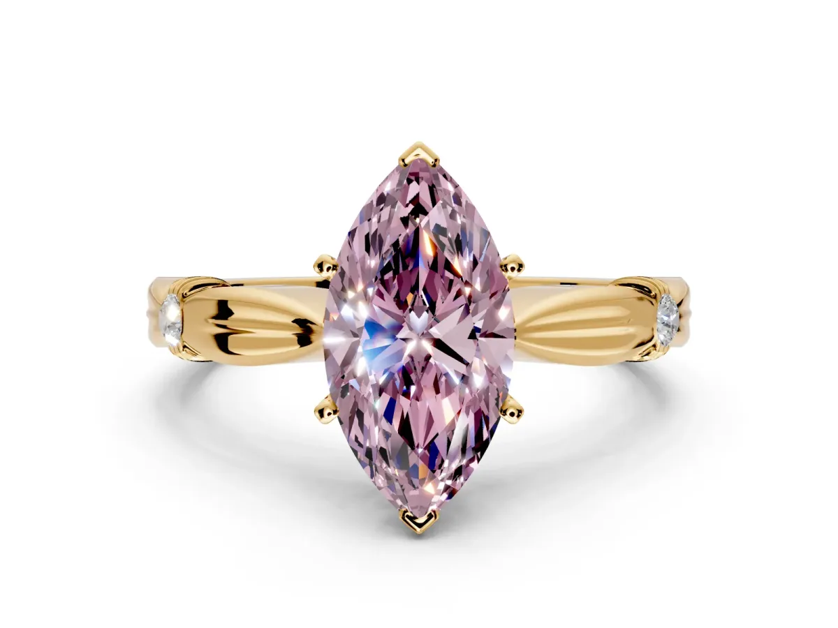 Solitaire Engagement Ring Setting for Fancy Pink Marquise Center with Carved Leaf Shoulders and Prong Head in Yellow Gold