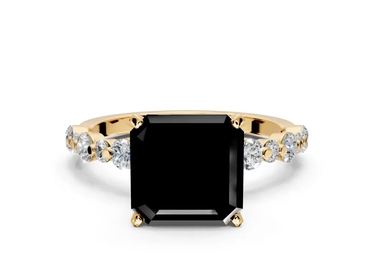 Solitaire Engagement Ring Setting for Fancy Black Asscher Cut Center with Alternating Size Accents and Prong Head in Yellow Gold