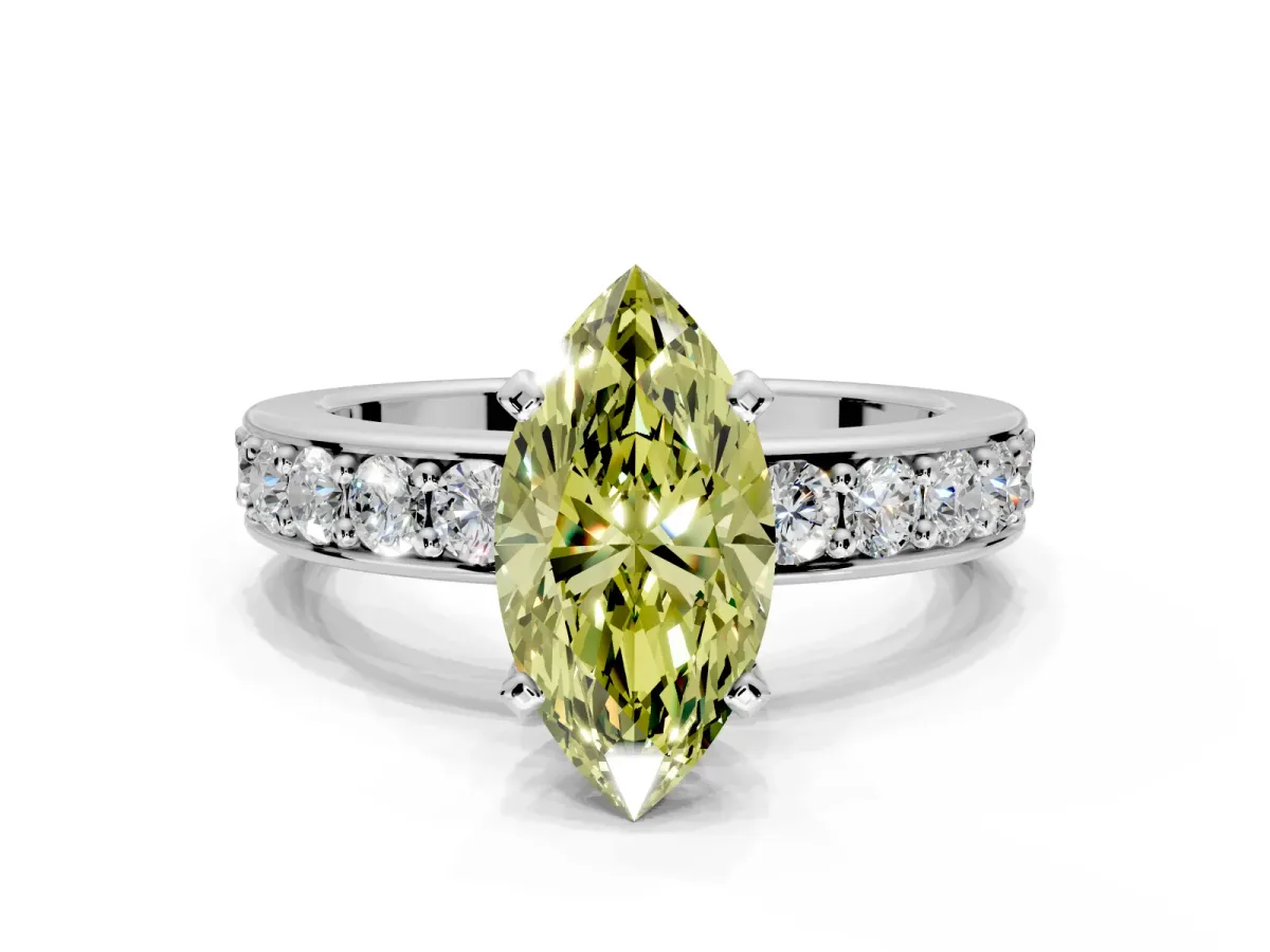 Solitaire Engagement Ring Setting for Fancy Yellow Marquise Center with Channel-Set Accents and Prong Head in Platinum