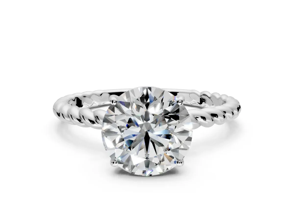 Solitaire Engagement Ring Setting for Round Cut Center with Plain Twisted Rope Band and Prong Head in Sterling Silver