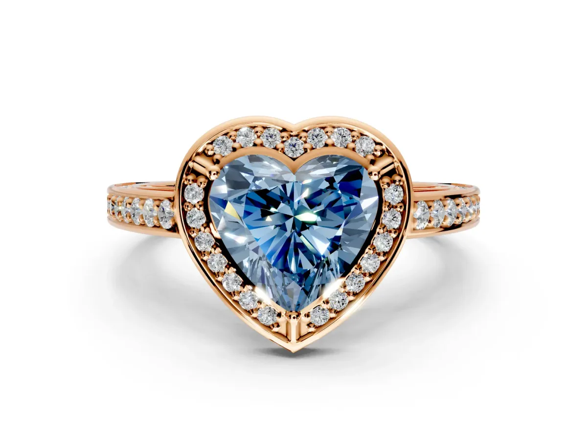 Halo Engagement Ring Setting for Fancy Blue Heart-Shaped Center with Framed Halo, Pave Band and Prong Head in Rose Gold